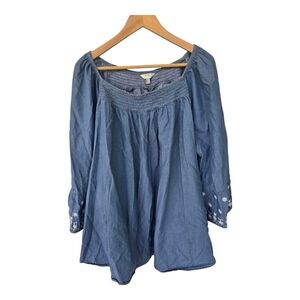 Terra Sky Chambray Blouse 2X Plus Blue Off-Shoulder Women FlareSleeve Embroidery